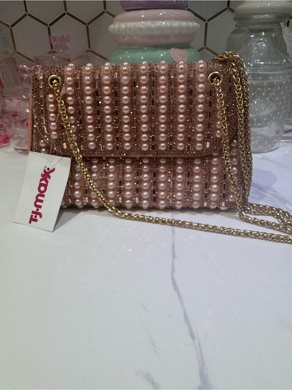 T.J.Maxx Blush Pink Pearl-Embellished Chain Crossbody Bag